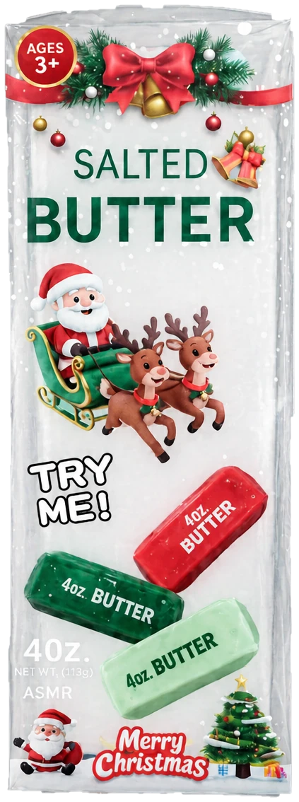 The Christmas butter-stick squishy carton with a clear window