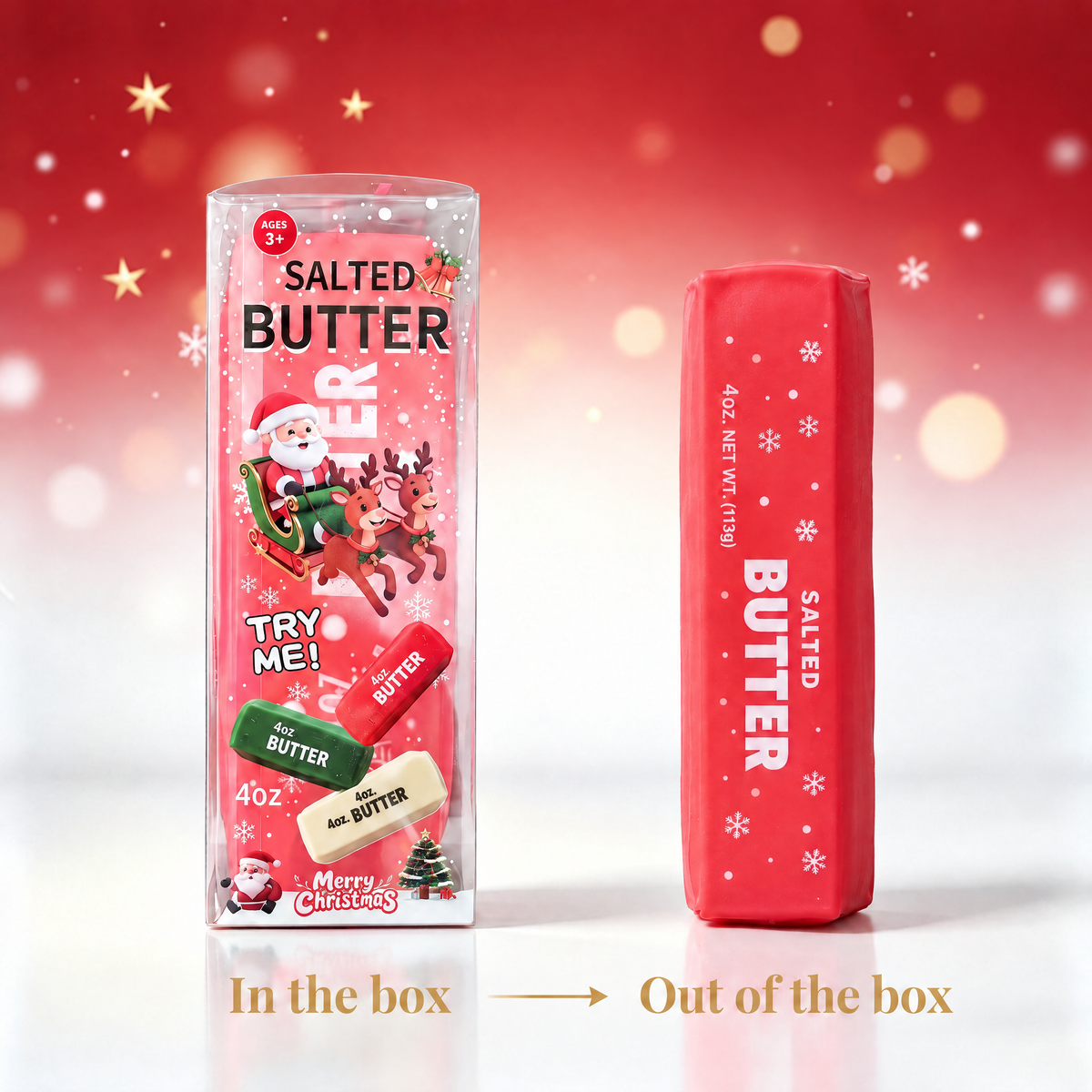 Red butter-stick squishy, in the box and out of the box