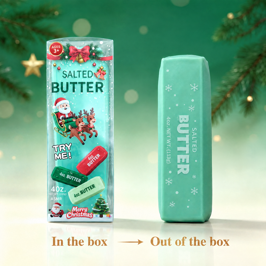 Three butter-stick squishies in green, red and white