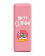 Soft pink Christmas squishy brick with a snow globe and Merry Christmas print, standing upright
