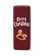 Wine red Christmas squishy brick with a rocking horse and Merry Christmas print, standing upright