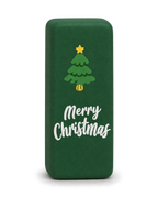 Forest green Christmas squishy brick with a Christmas tree and Merry Christmas print, standing upright