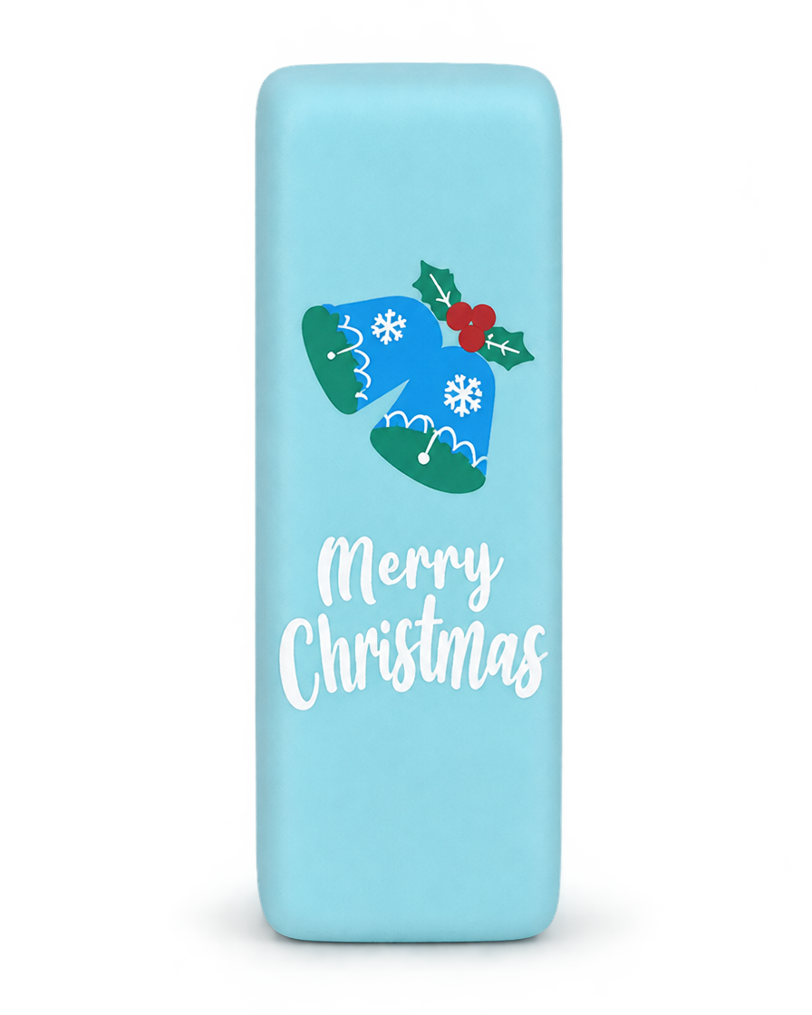 Sky blue Christmas squishy brick with jingle bells and Merry Christmas print, standing upright