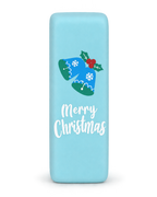 Sky blue Christmas squishy brick with jingle bells and Merry Christmas print, standing upright