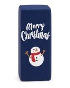 Navy blue Christmas squishy brick with a snowman and Merry Christmas print, standing upright