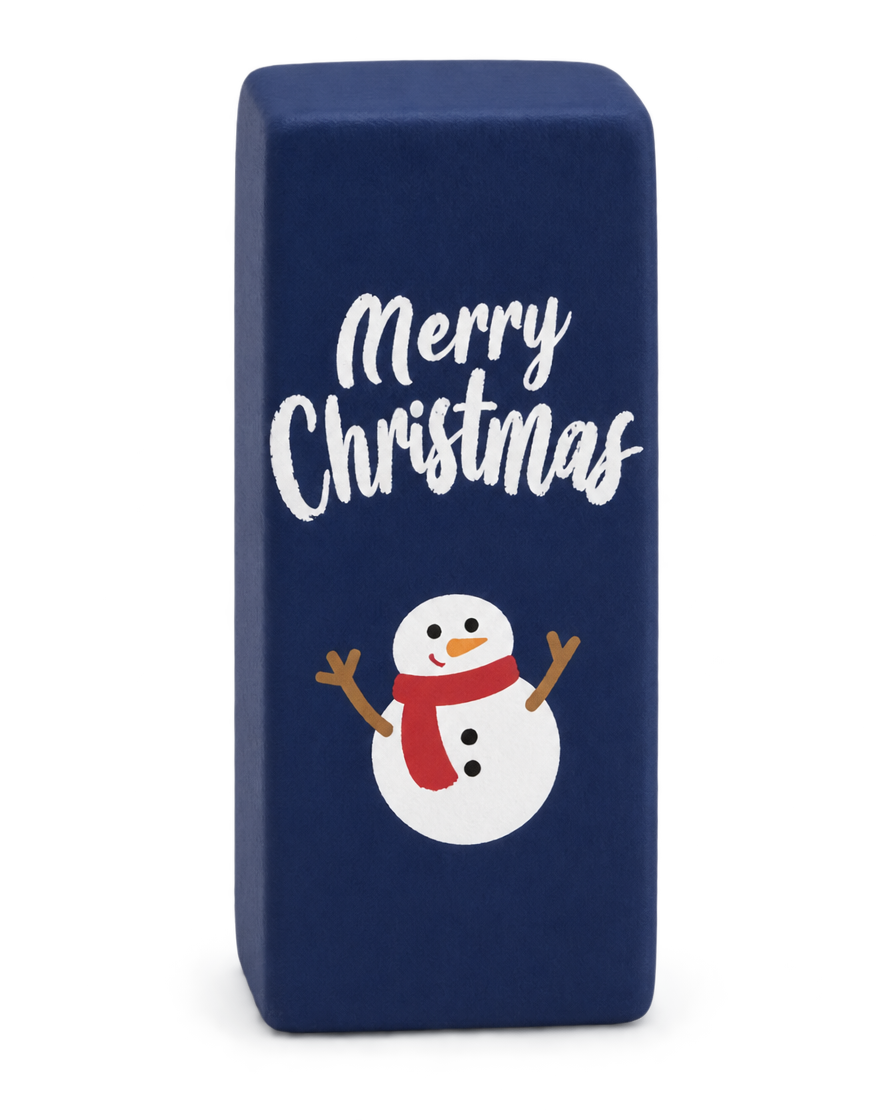 Navy blue Christmas squishy brick with a snowman and Merry Christmas print, standing upright